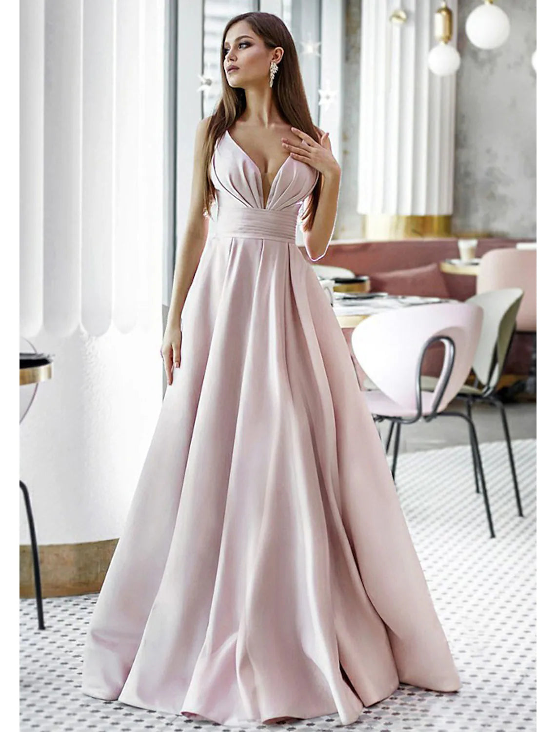 A-Line Prom Dresses Open Back Dress Formal Floor Length Sleeveless V Neck Pocket Stretch Satin Backless with Pleats Beading Pocket