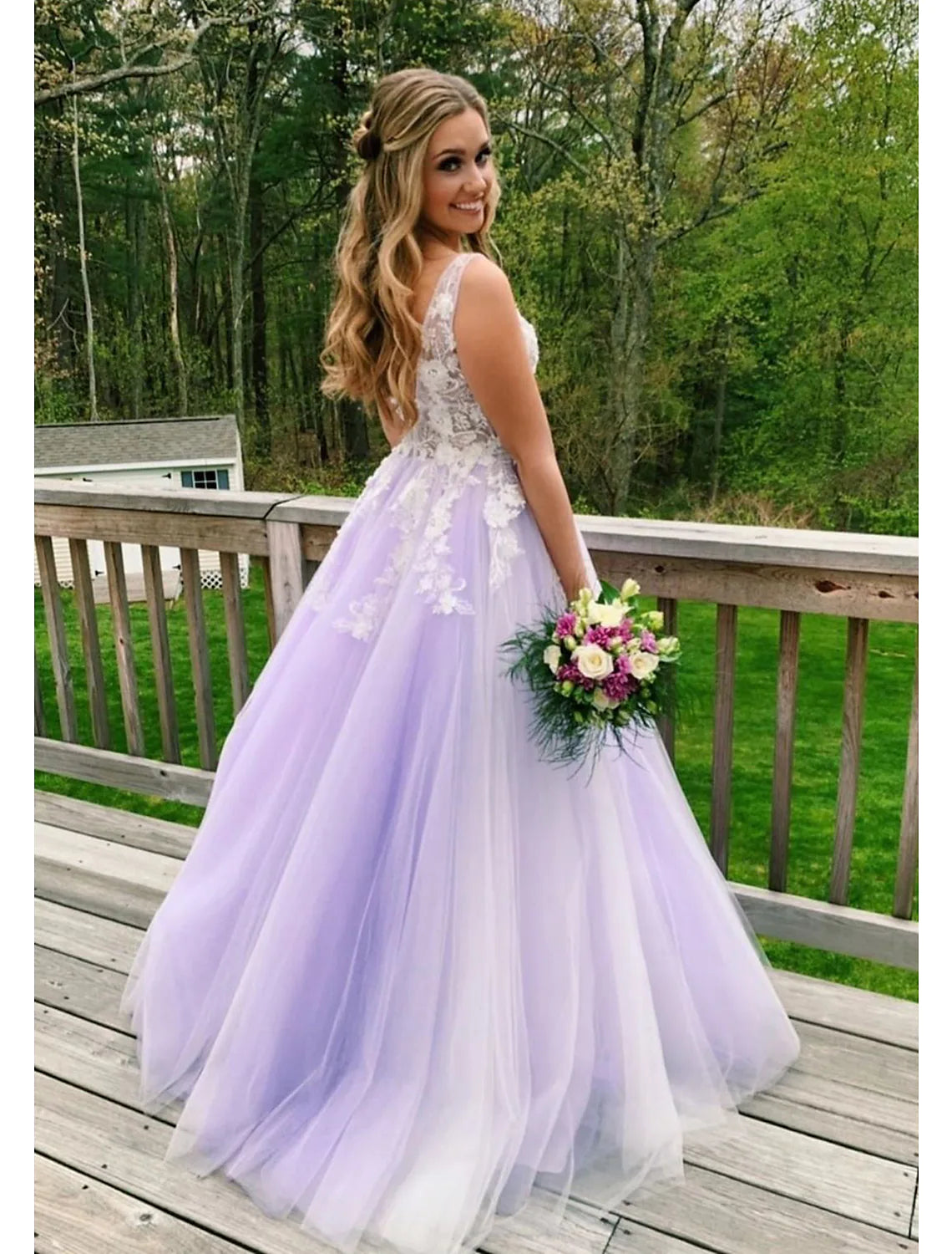 Ball Gown A-Line Prom Dresses Color Block Dress Formal Floor Length Sleeveless V Neck Tulle BacklessBack
