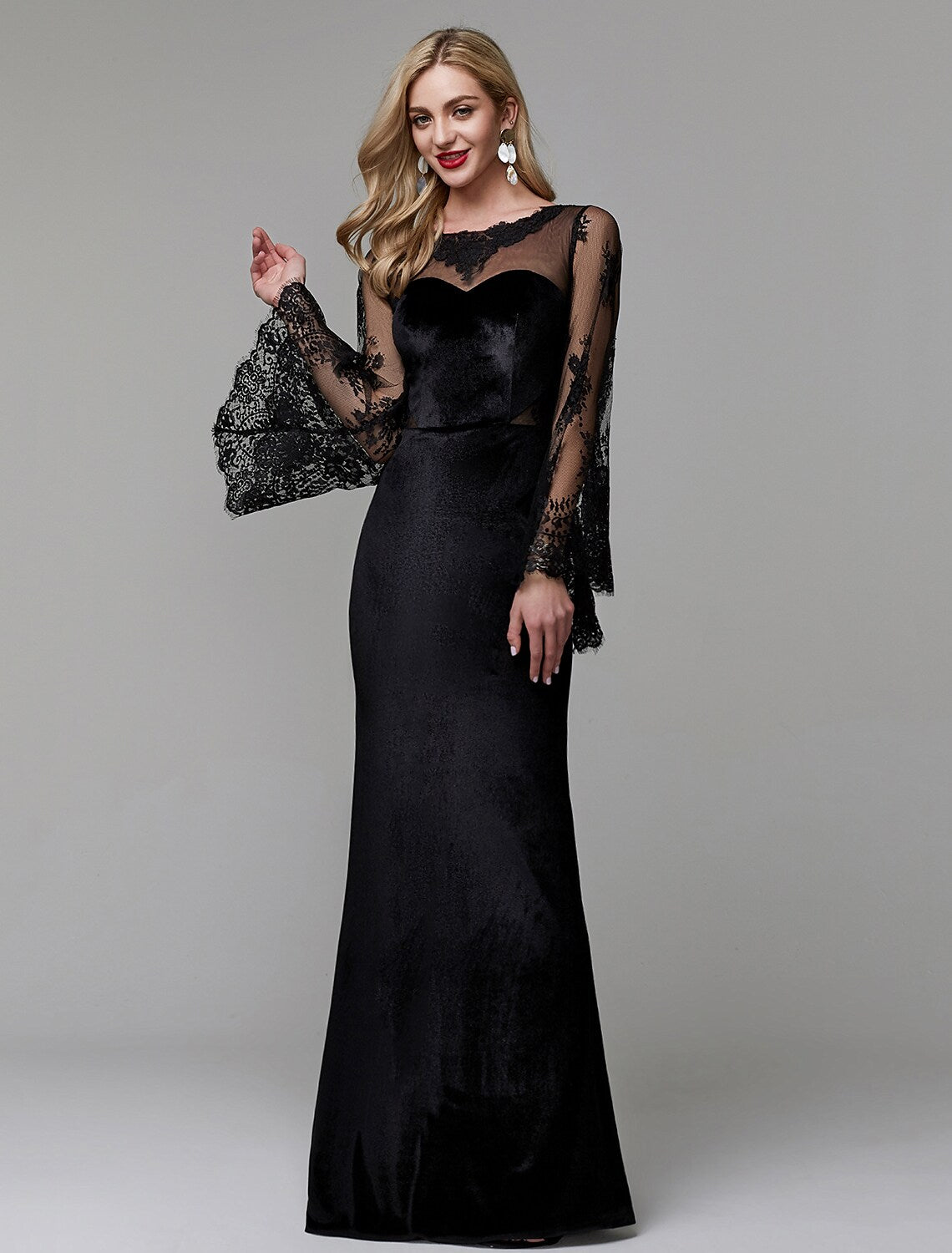 Elegant Dress Wedding Guest Floor Length Long Sleeve Lace