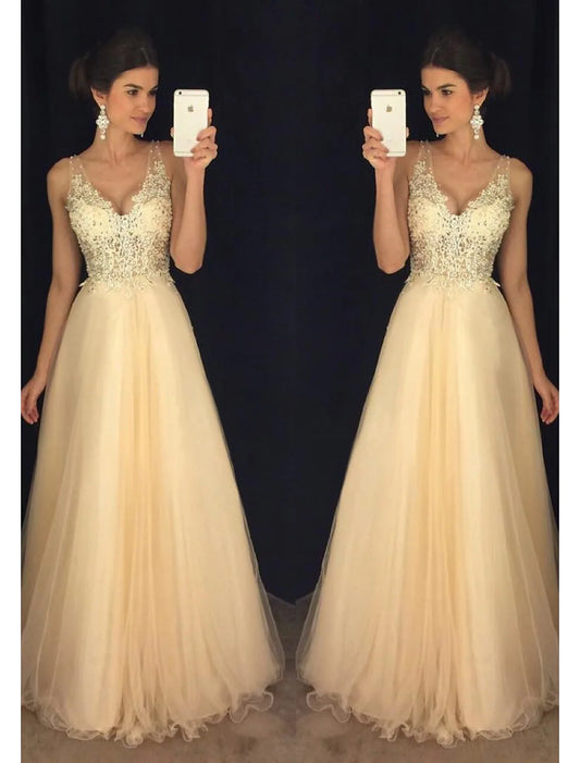 A-Line Prom Dresses Dress Formal Floor Length Sleeveless V Neck Tulle V Back Beading Appliques