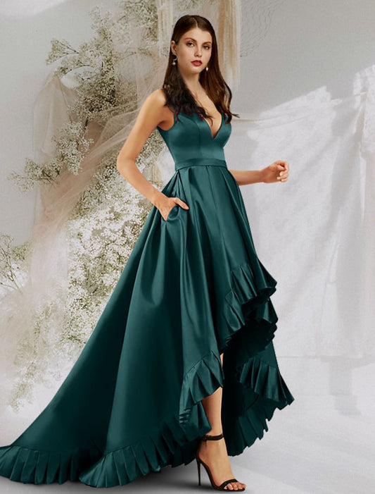 Prom Dresses Sleeveless V Neck  Satin with Ruffles Pocket
