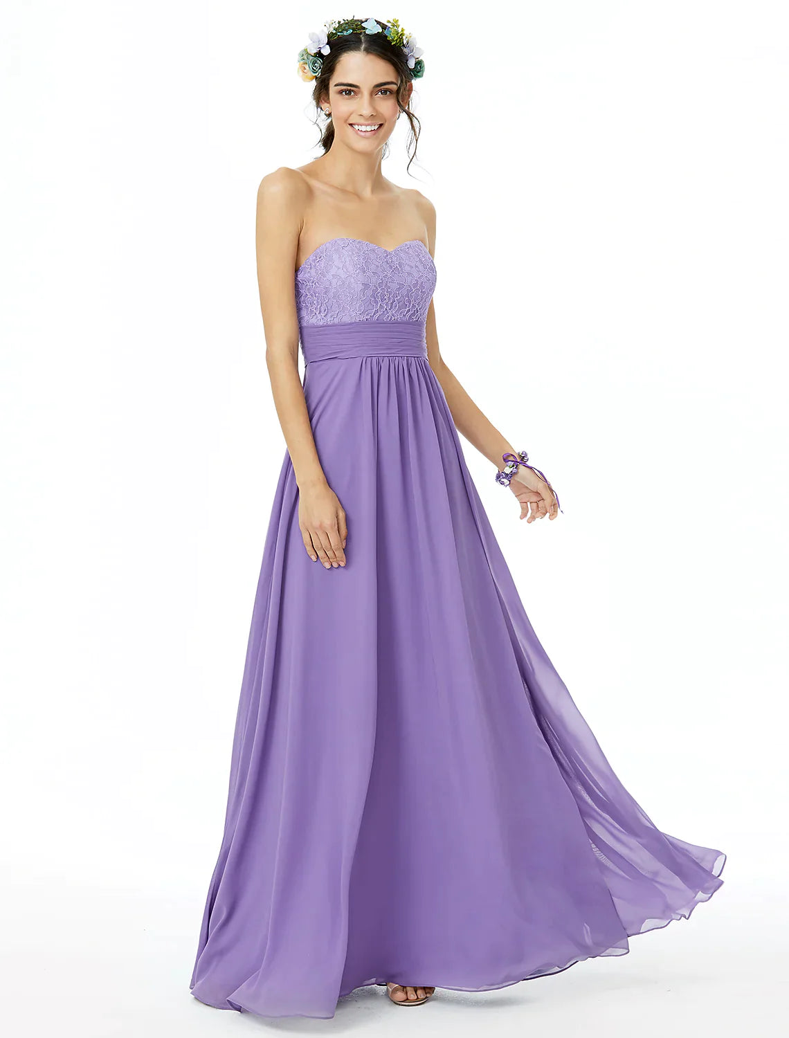 A-Line Bridesmaid Dress Sweetheart Neckline Sleeveless Open Back Floor Length Chiffon / Lace with Lace / Sash / Ribbon / Ruched