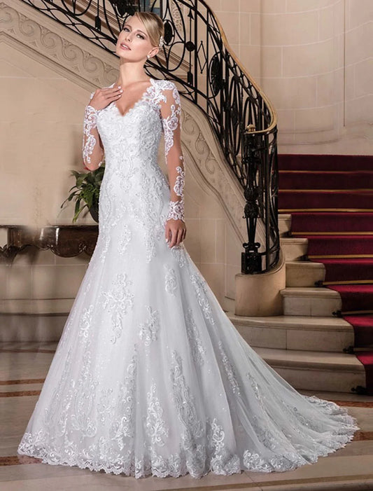 Engagement Formal Wedding Dresses Chapel Long Sleeve V Neck Lace Beading