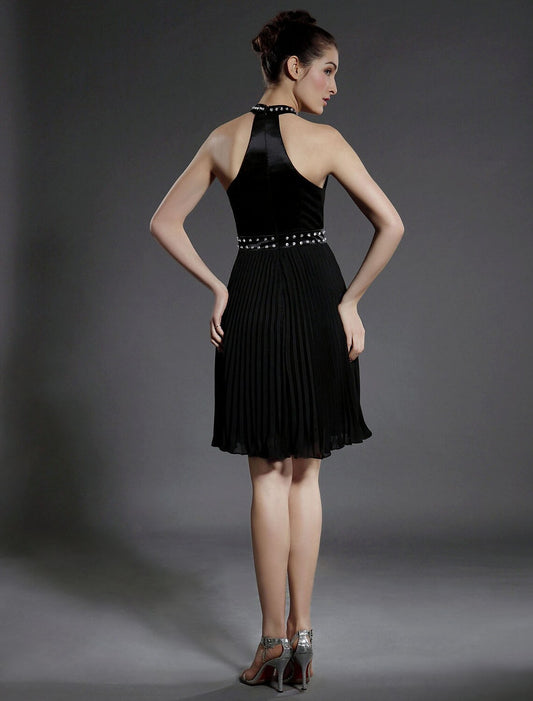Little Black Dress Dress Holiday Knee Length Sleeveless High Neck Chiffon with Pleats Beading