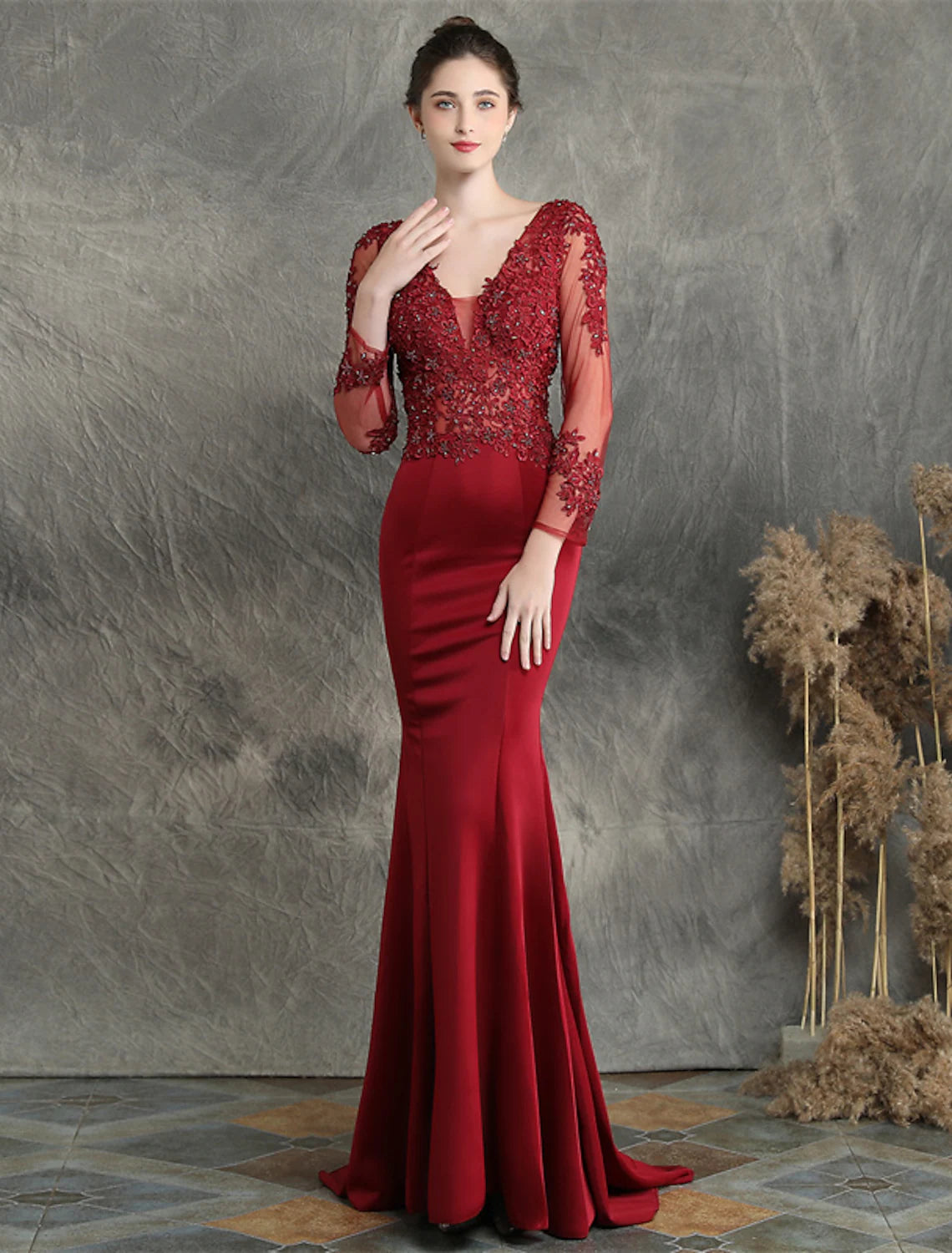 Prom Dresses Elegant Dress Long Sleeve V Neck Cotton Blend with Beading Appliques