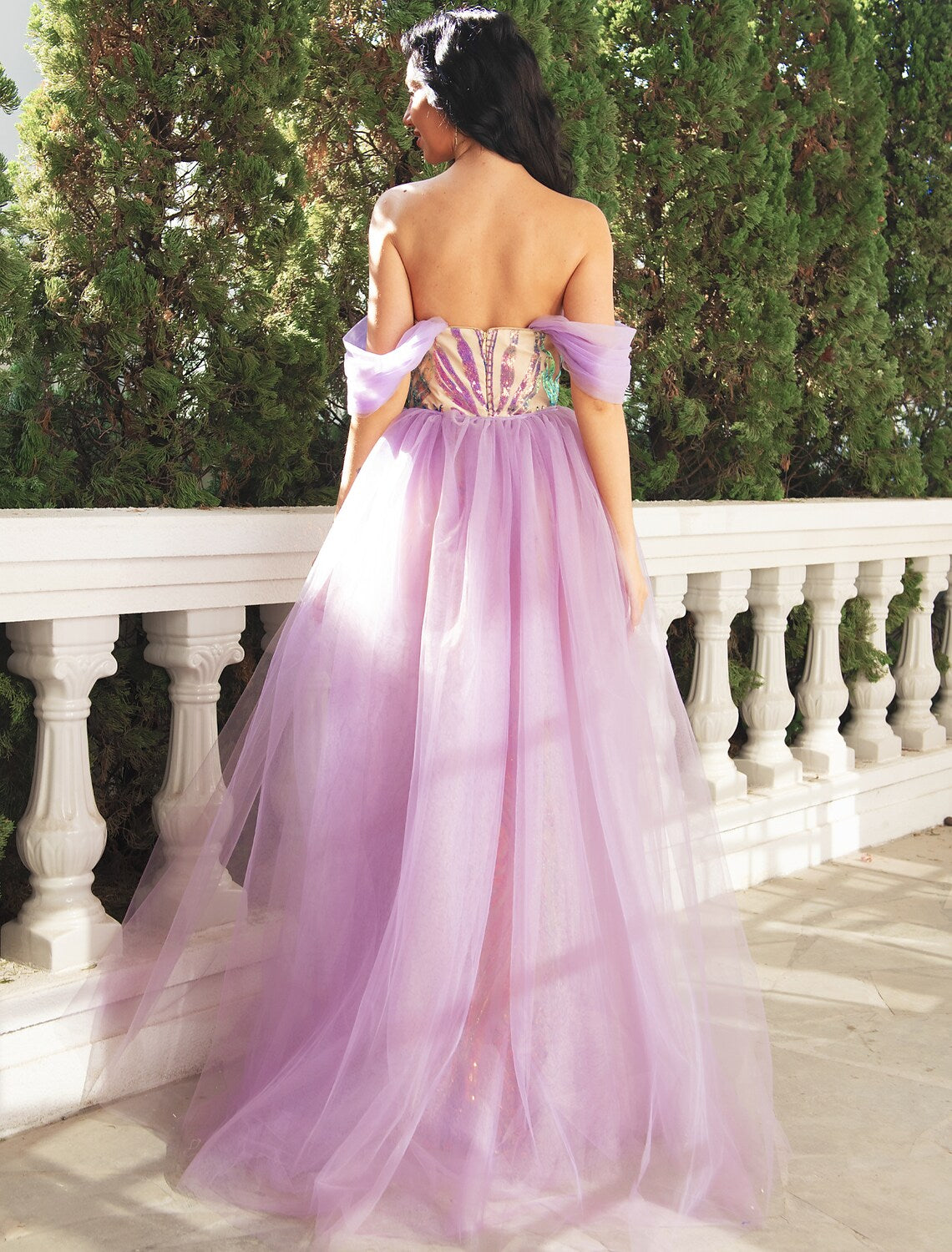 Prom Dresses Wedding Party Floor Length Short Sleeve V Neck Detachable Tulle with Overskirt