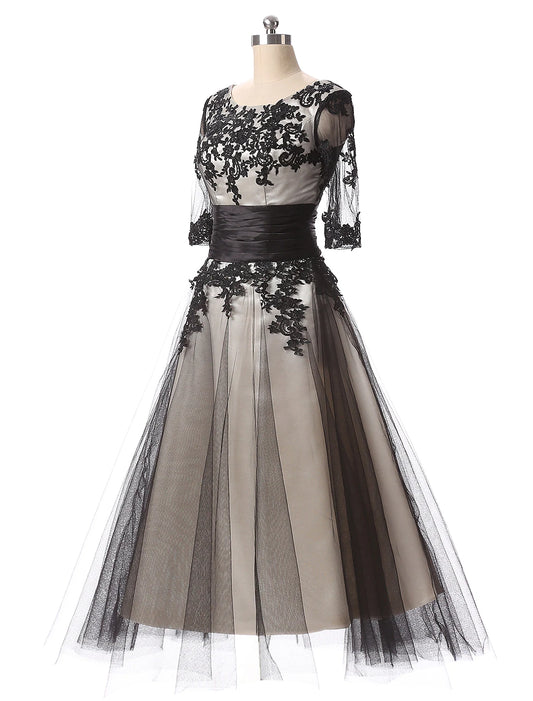 Evening Gown Dress Wedding Guest Ankle Length Half Sleeve Neck with Lace Appliques