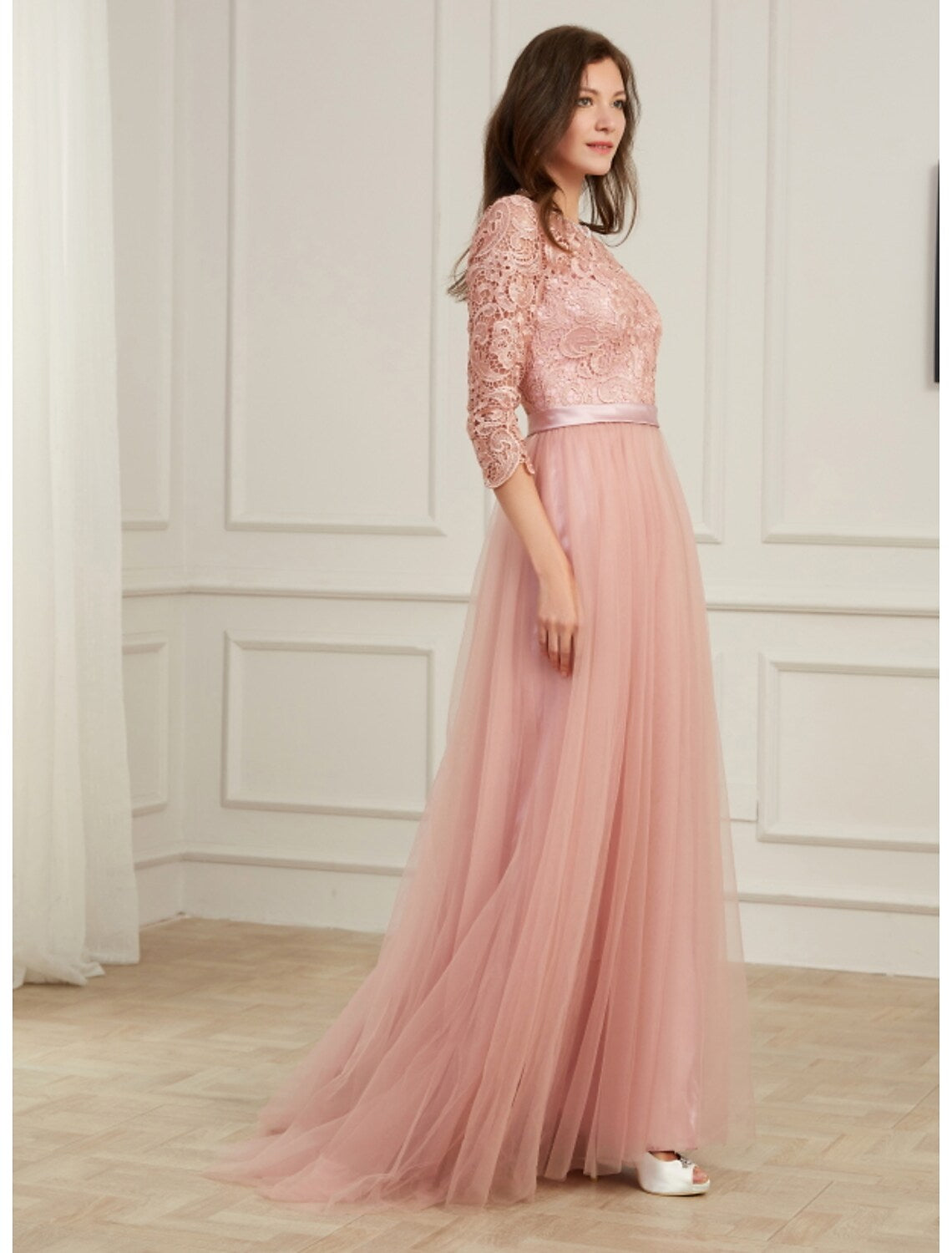 A-Line Evening Gown Spring Dress Party Long Sleeve Lace with Appliques