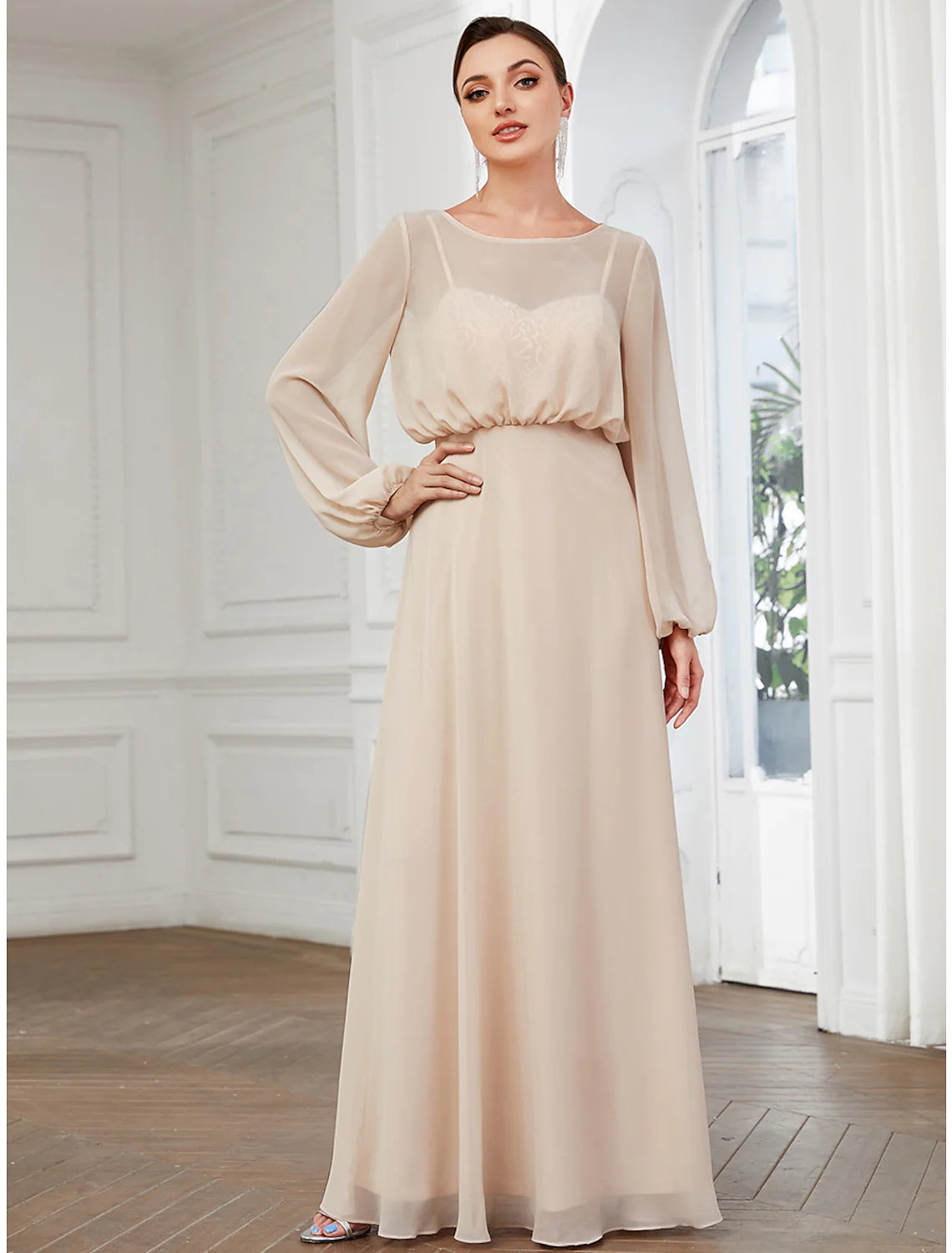 A-Line Prom Dresses Wedding Guest Floor Length Long Sleeve Chiffon with Buttons