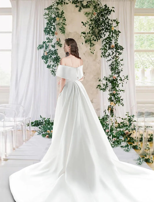 Casual Wedding Dresses Short Sleeve Off Shoulder Satin With Ruched