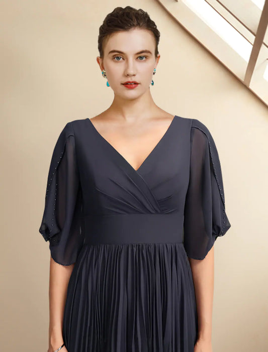 A-Line Mother of the Bride Dress Plus Size Elegant V Neck Chiffon Half Sleeve with Pleats