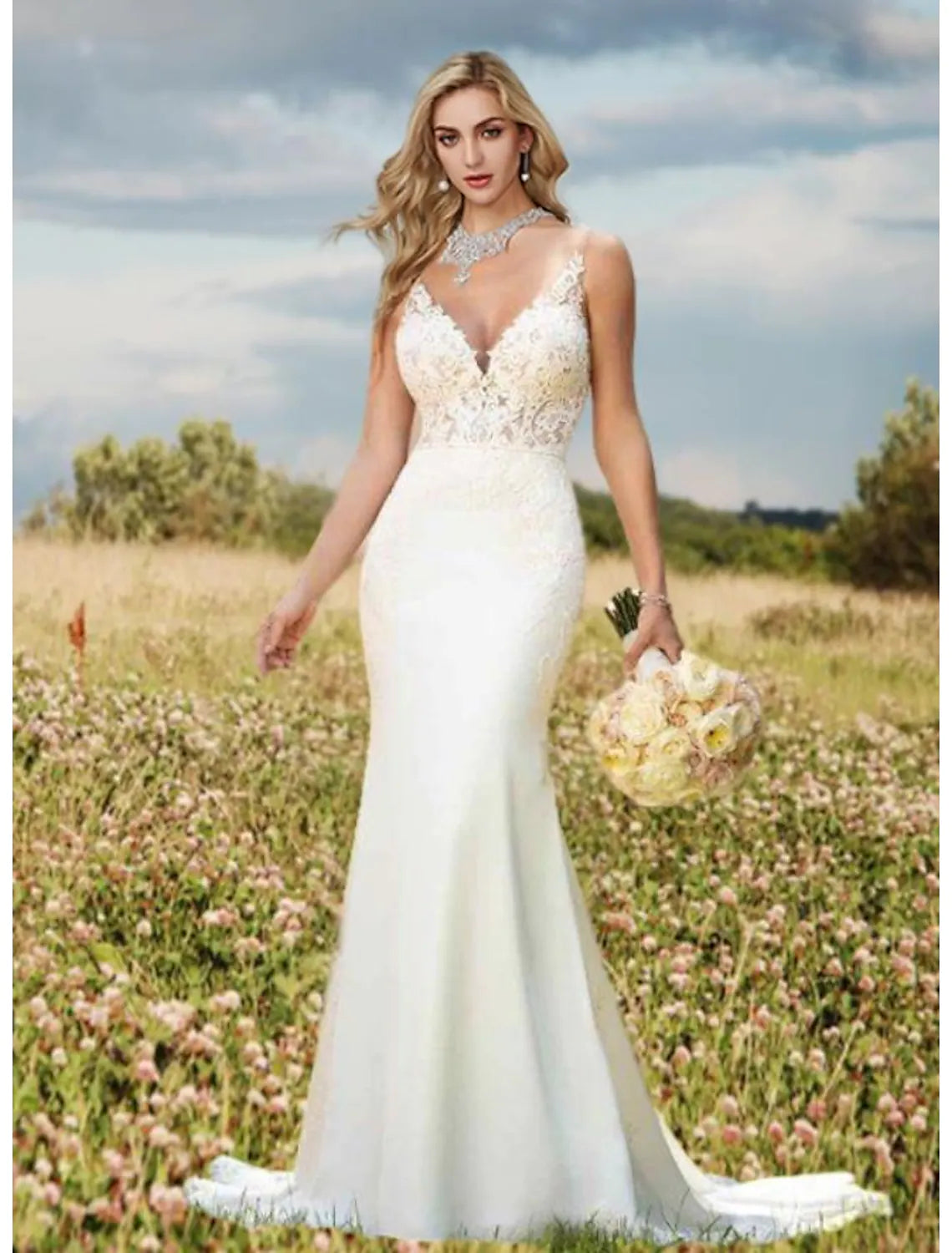 Engagement Open Back Sexy Wedding Dresses V Neck Lace Appliques