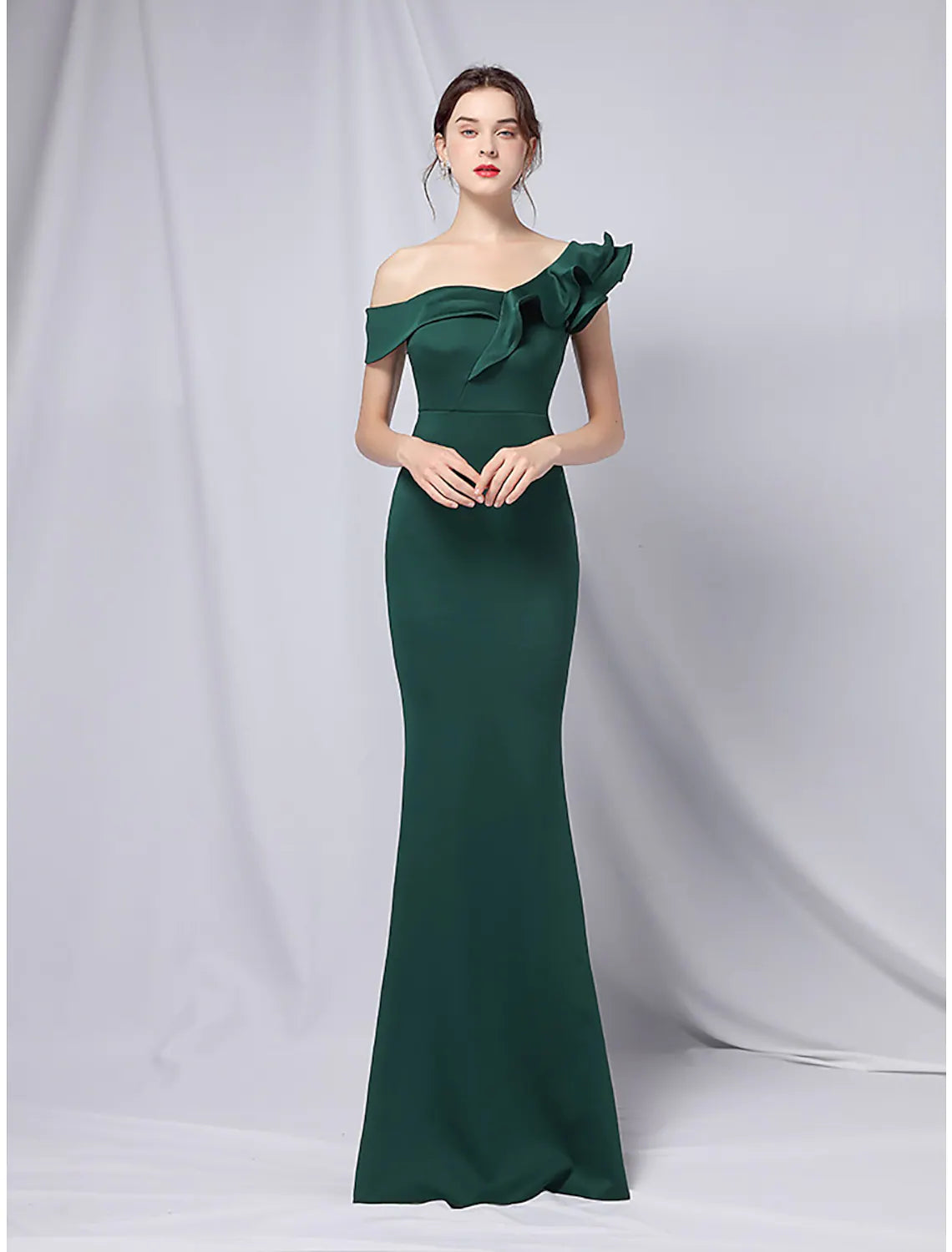 Evening Gown Dress Wedding Guest Floor Length Short Sleeve One Shoulder Stretch Satin with Ruffles