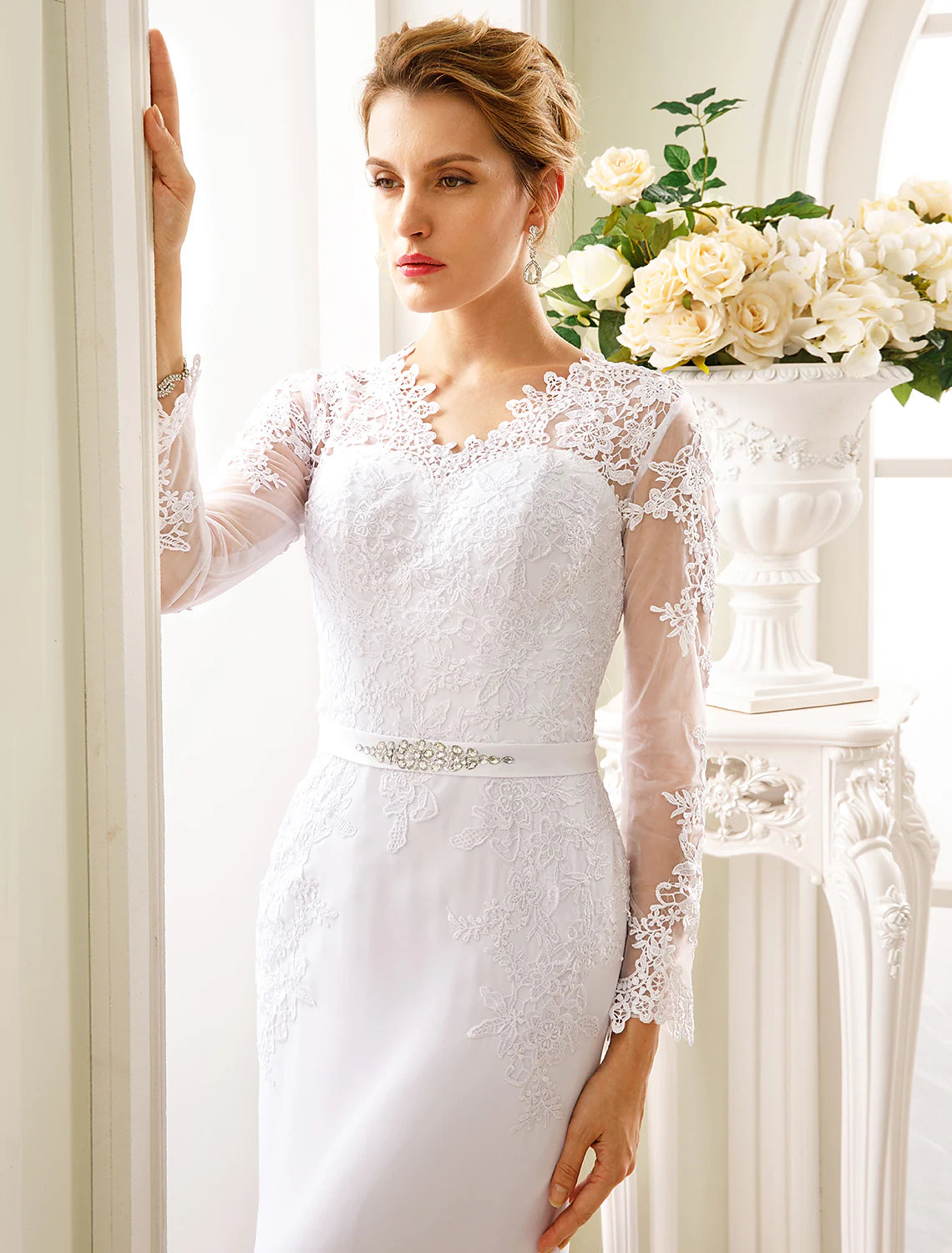Engagement Open Back Formal Wedding Dresses Long Sleeve V Neck Chiffon Sash Appliques