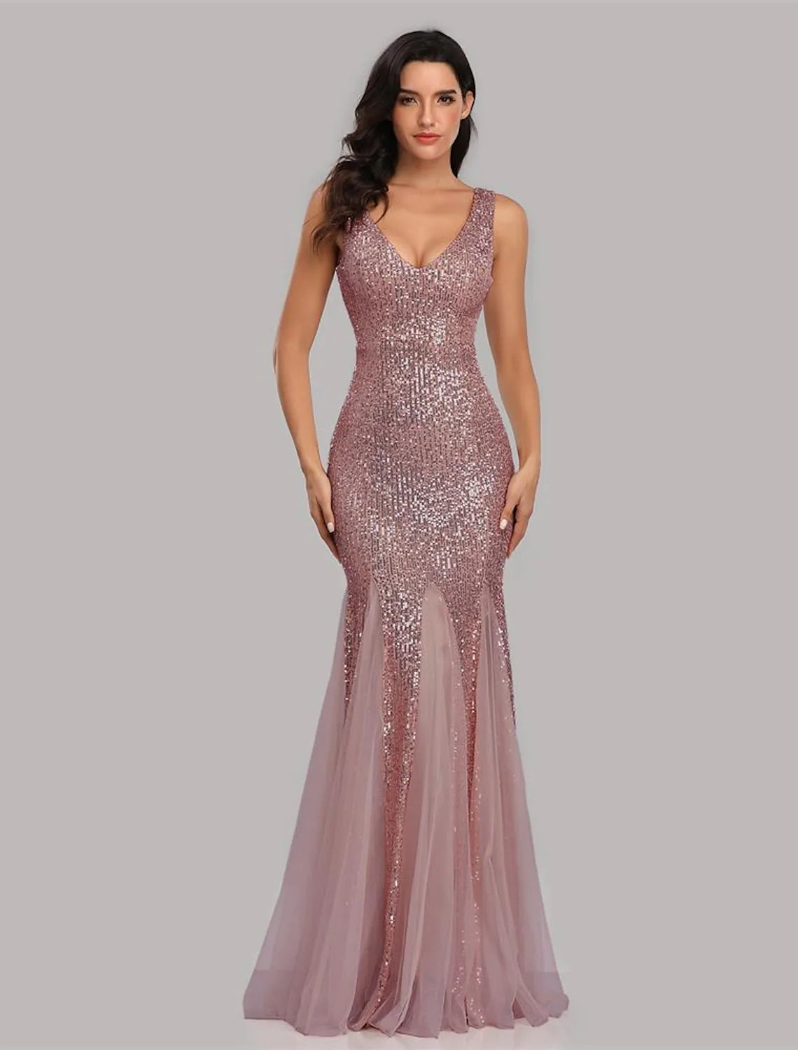Sparkle Sexy Party Wear Formal Evening Dress V Neck Sleeveless Floor Length Sequined with
