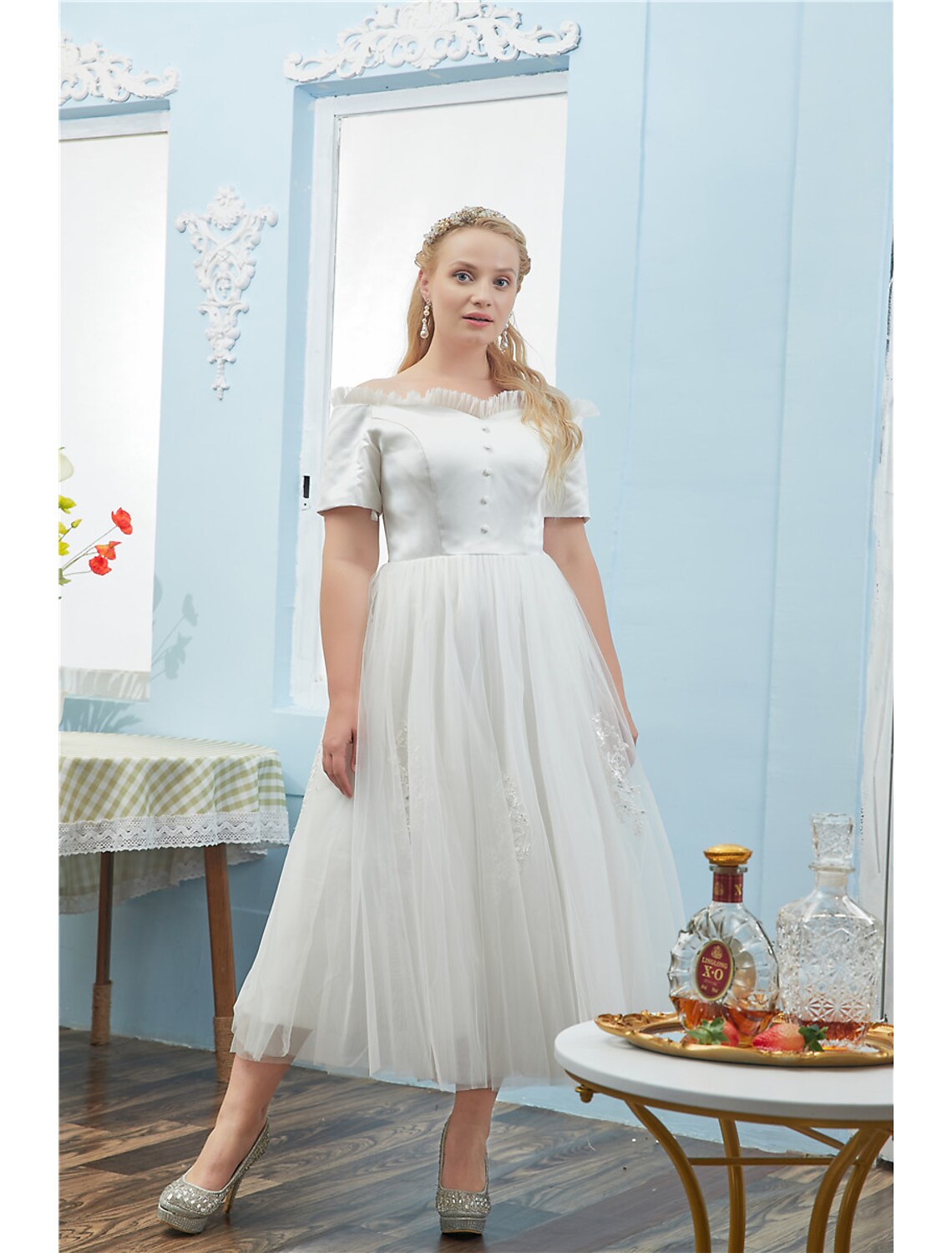 Cocktail Dresses Plus Size Dress hort Sleeve Off Shoulder Tulle with Buttons