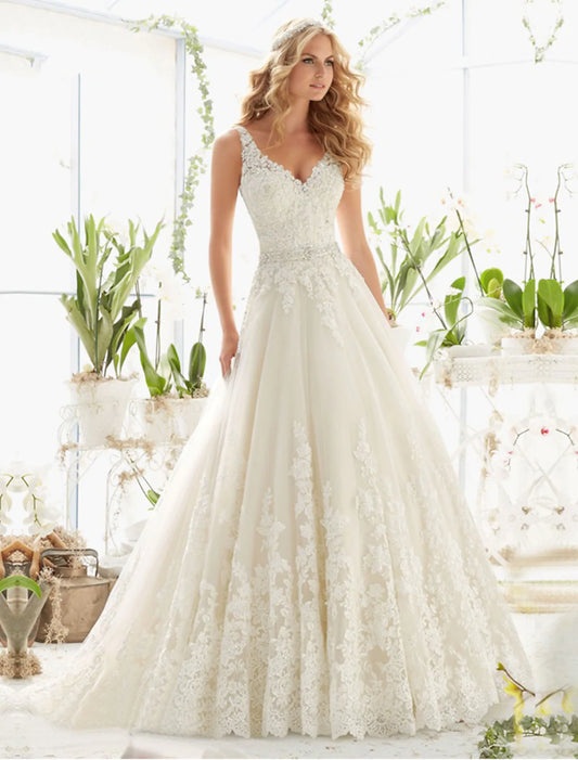 Engagement Open Back Sexy Formal Wedding Dresses A-Line Regular Straps V Neck Lace