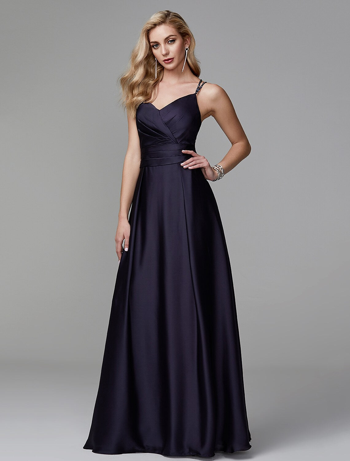 A-Line Prom Dresses Beautiful Dress Evening Party Floor Length Sleeveless Strap Satin Crisscross Back Beading