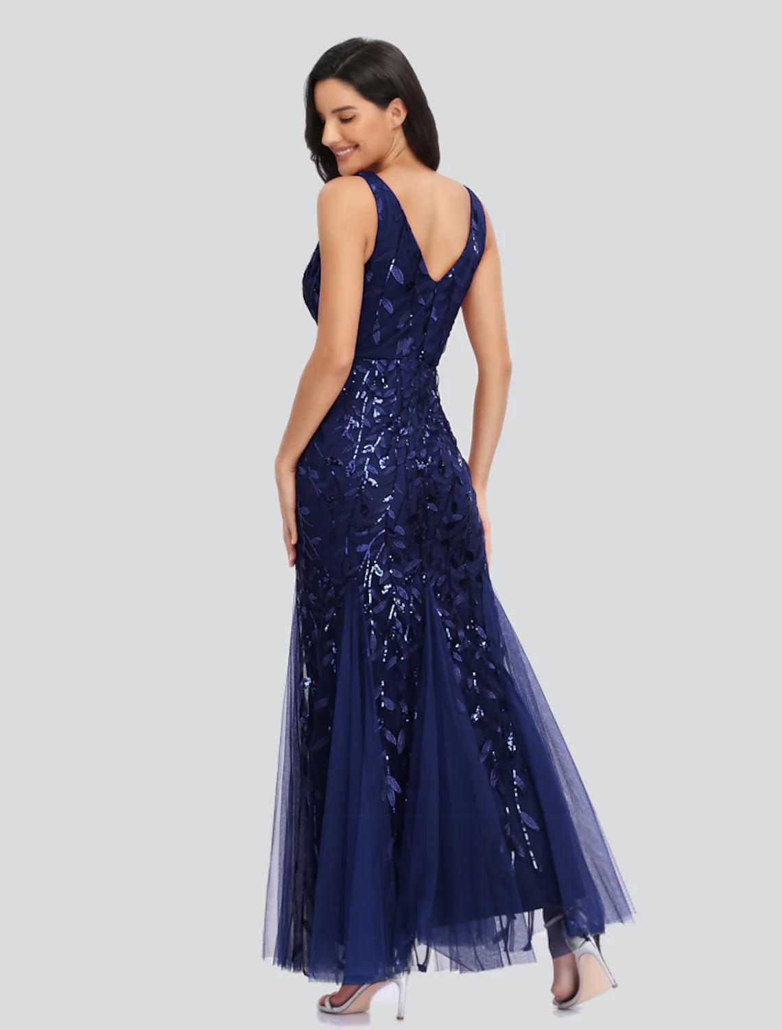Elegant Party Wear Formal Evening Dress V Neck V Back Sleeveless Floor Length Tulle with Embroidery