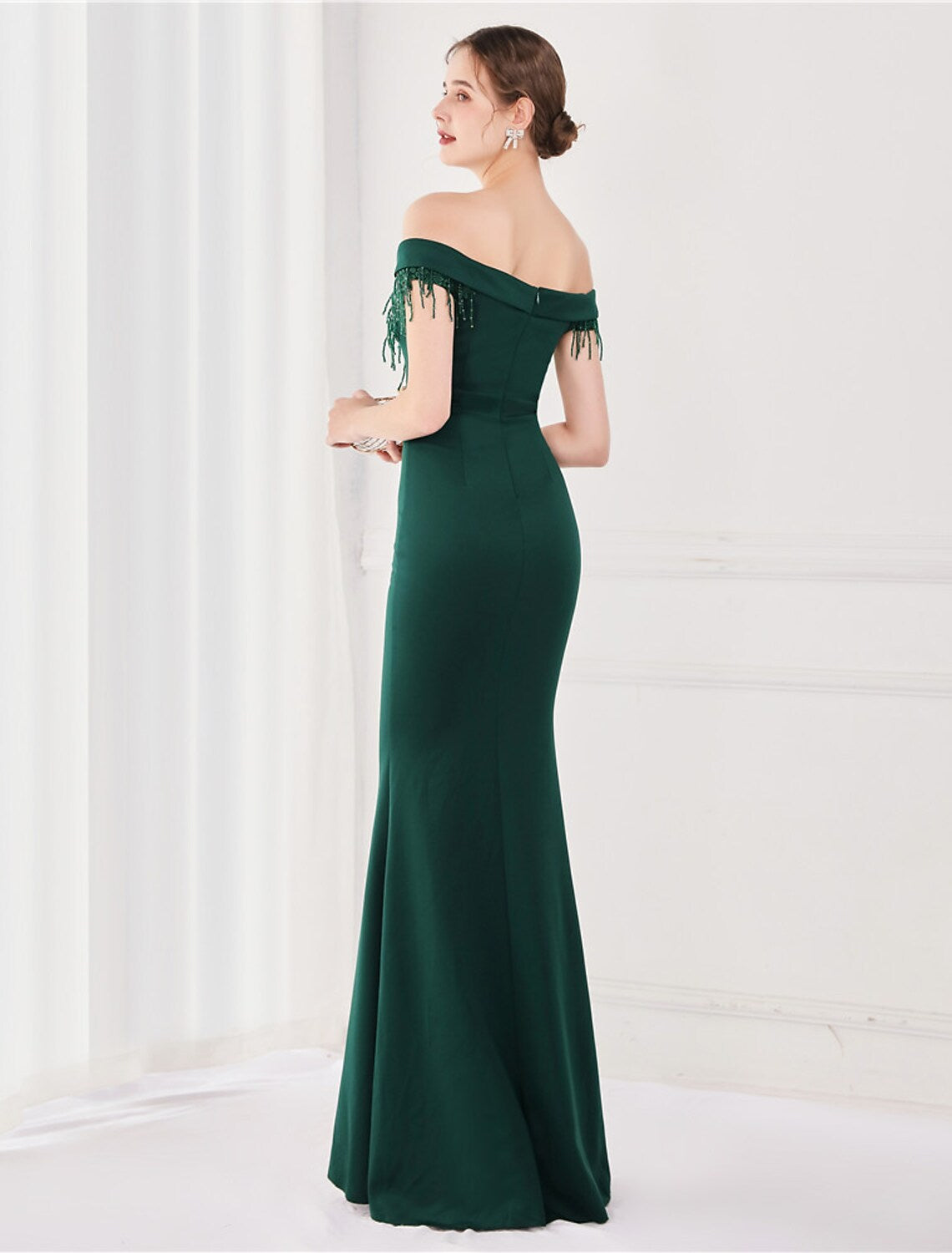 Elegant Sexy Wedding Formal Evening Dress Off Shoulder V Back Short Sleeve Floor Length Satin with Tassel
