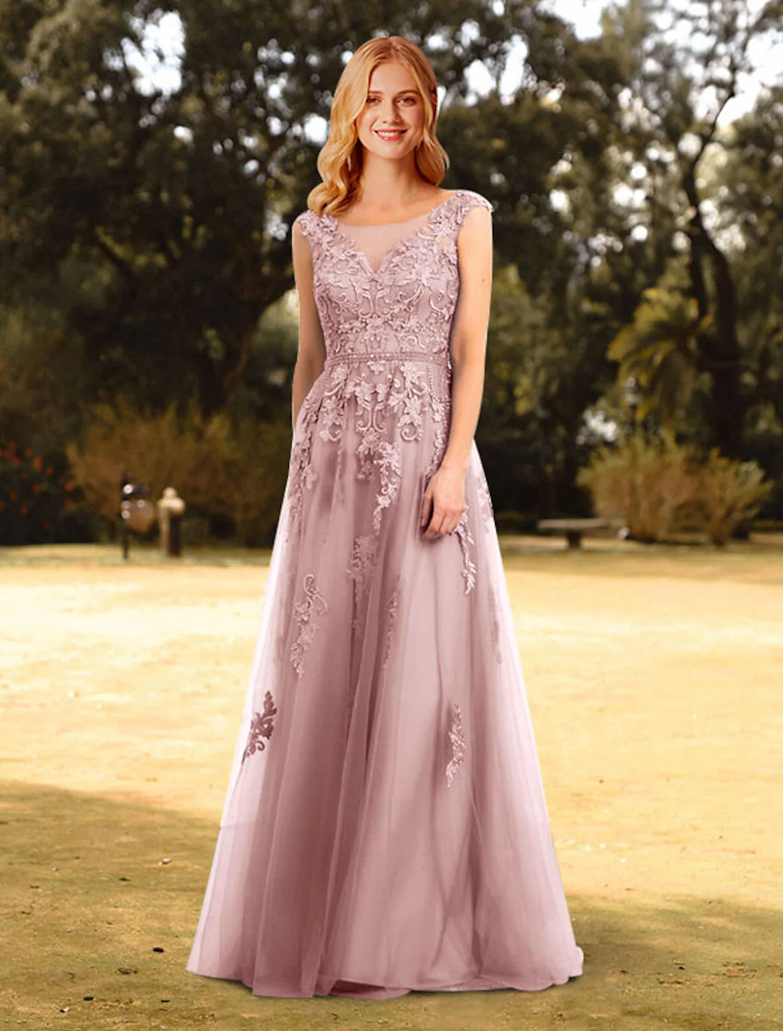A-Line Prom Dresses Floral Dress Wedding Guest Floor Length Sleeveless Jewel Neck Tulle with Appliques Pure Color