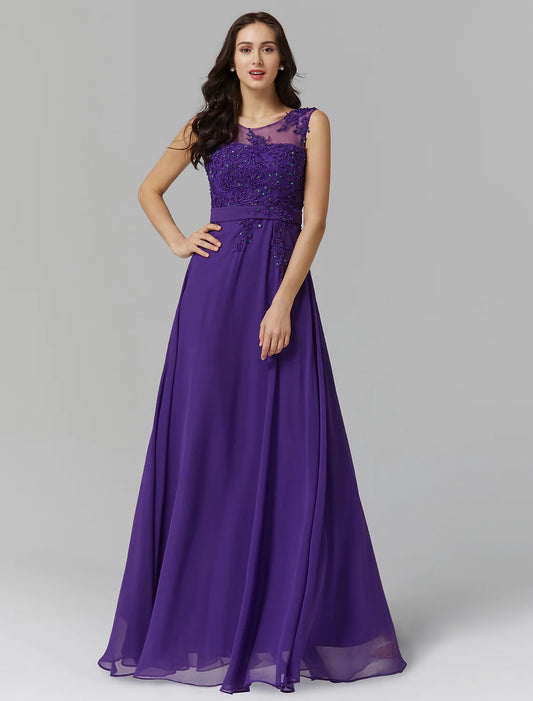 A-Line Evening Dresses Wedding Guest Floor Length Sleeveless Chiffon V Back Beading Appliques