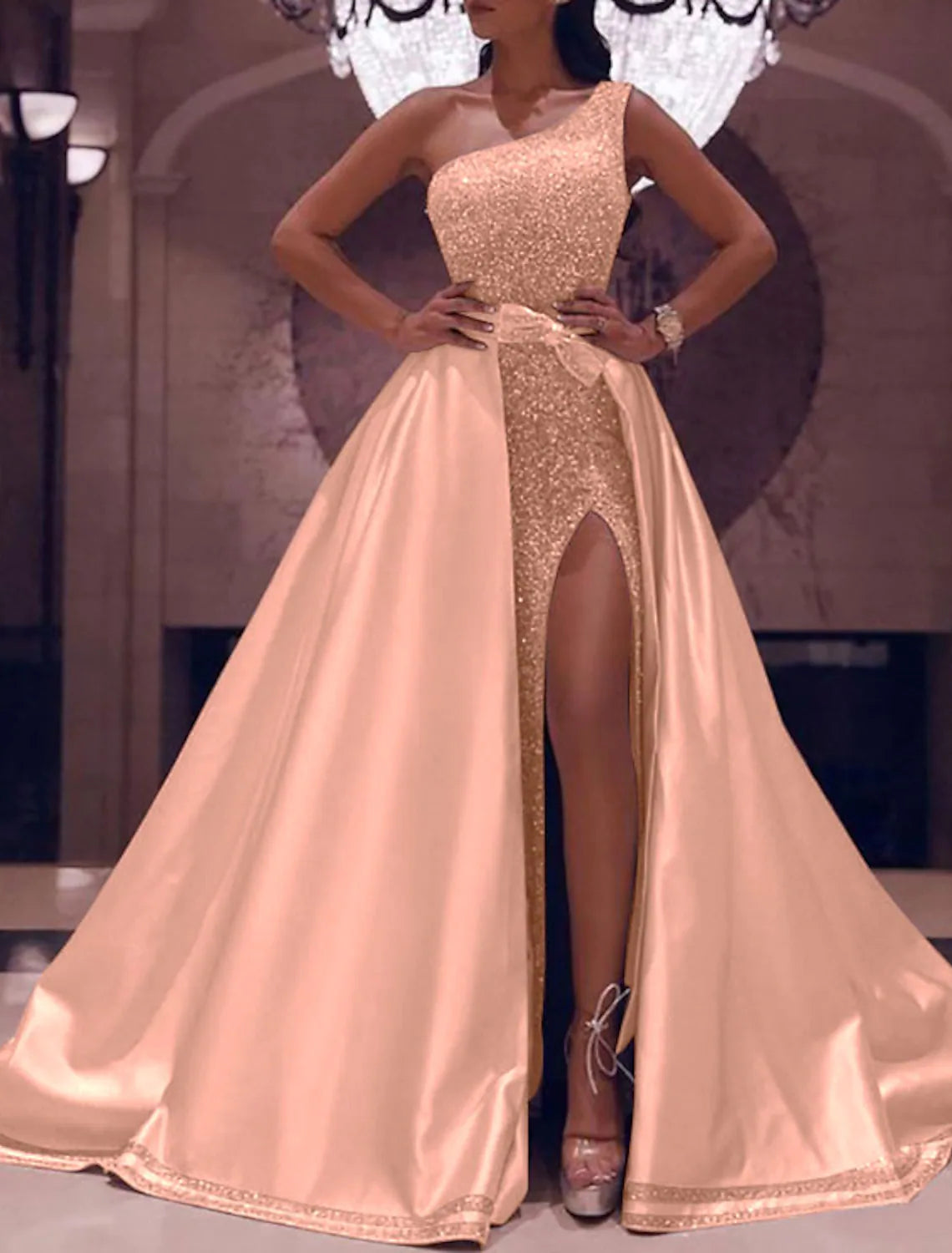 Prom Dresses Sparkly Sexy Dress Evening Party Floor Length Sleeveless One Shoulder Detachable Satin with Bow(s) Sequin Slit