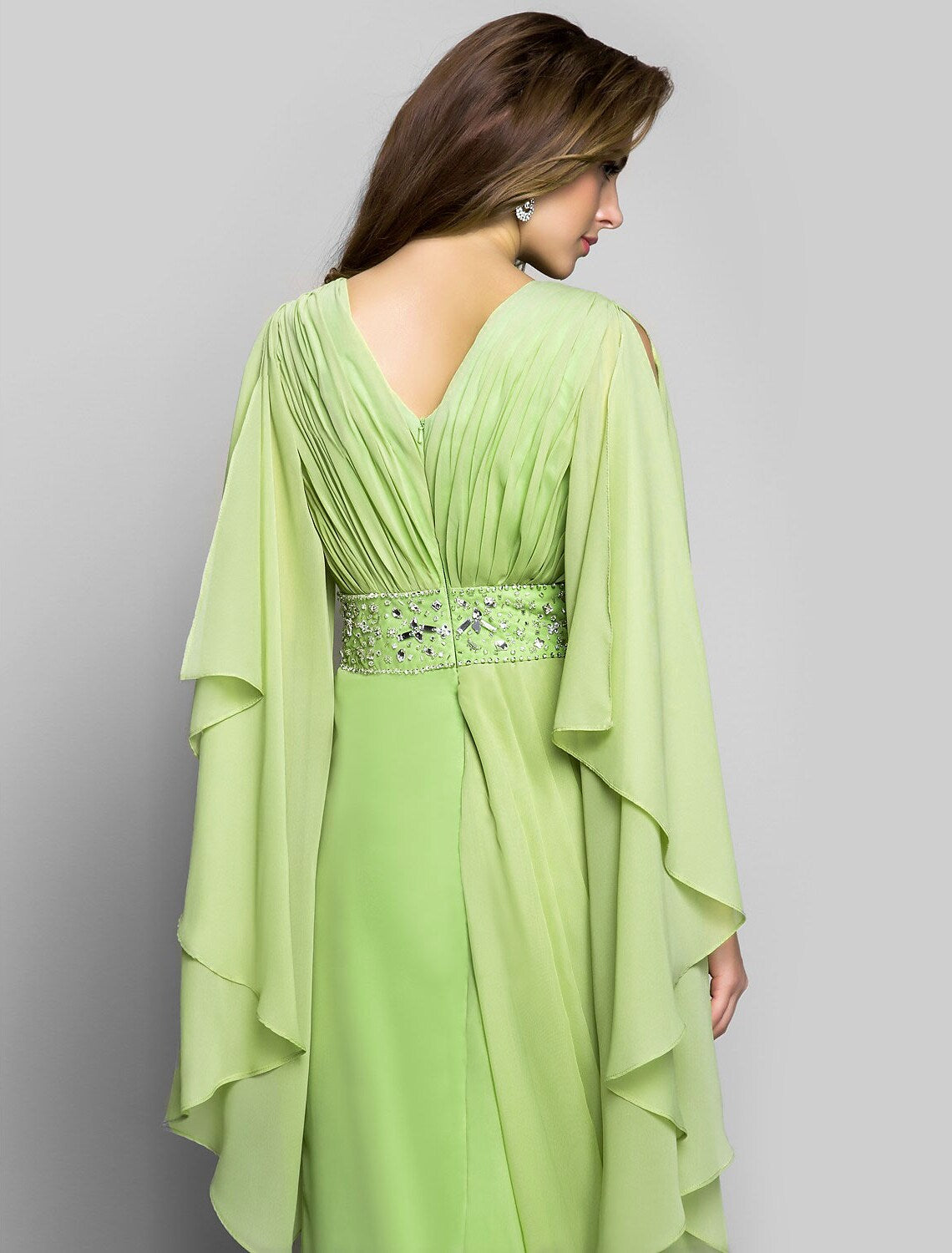 Elegant Dress Wedding Guest Floor Length Long Sleeve V Neck Chiffon V Back Crystals Side Draping
