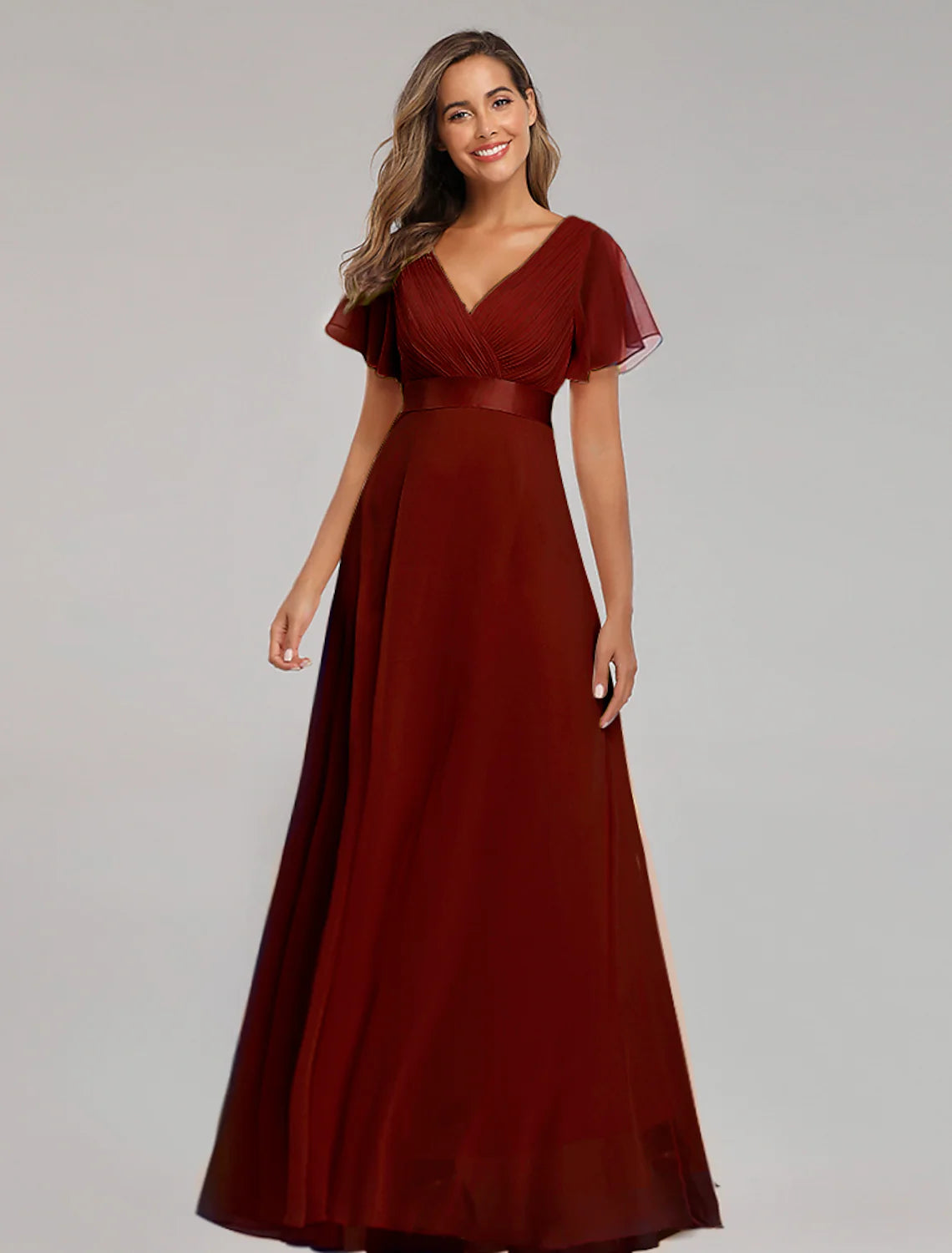 A-Line Prom Dresses Dress Graduation Floor Length Short Sleeve V Neck Chiffon V Back with Ruched Ruffles
