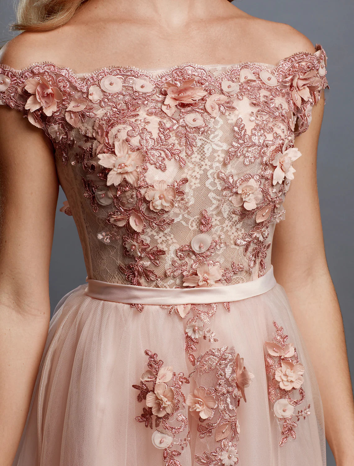 A-Line Floral Dress Wedding Sleeveless Off Shoulder Tulle Over Lace with Appliques