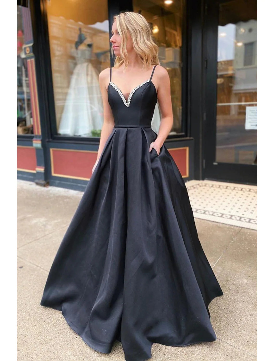 A-Line Prom Dresses Open Back Dress Formal Floor Length Sleeveless V Neck Pocket Stretch Satin Backless with Pleats Beading Pocket