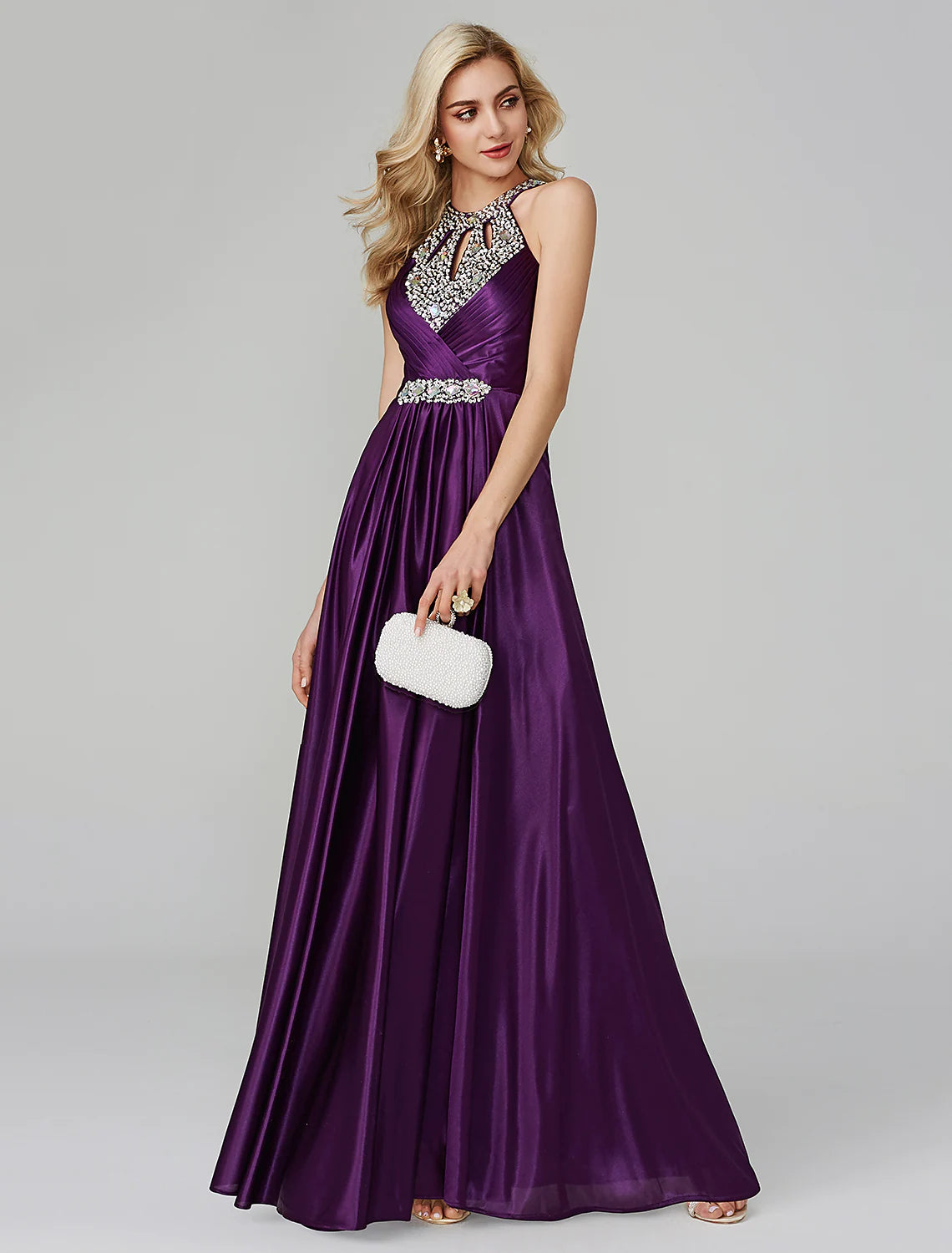 A-Line Little Black Dress Dress Party Wear Floor Length Sleeveless Silk Backless with Crystals Sequin