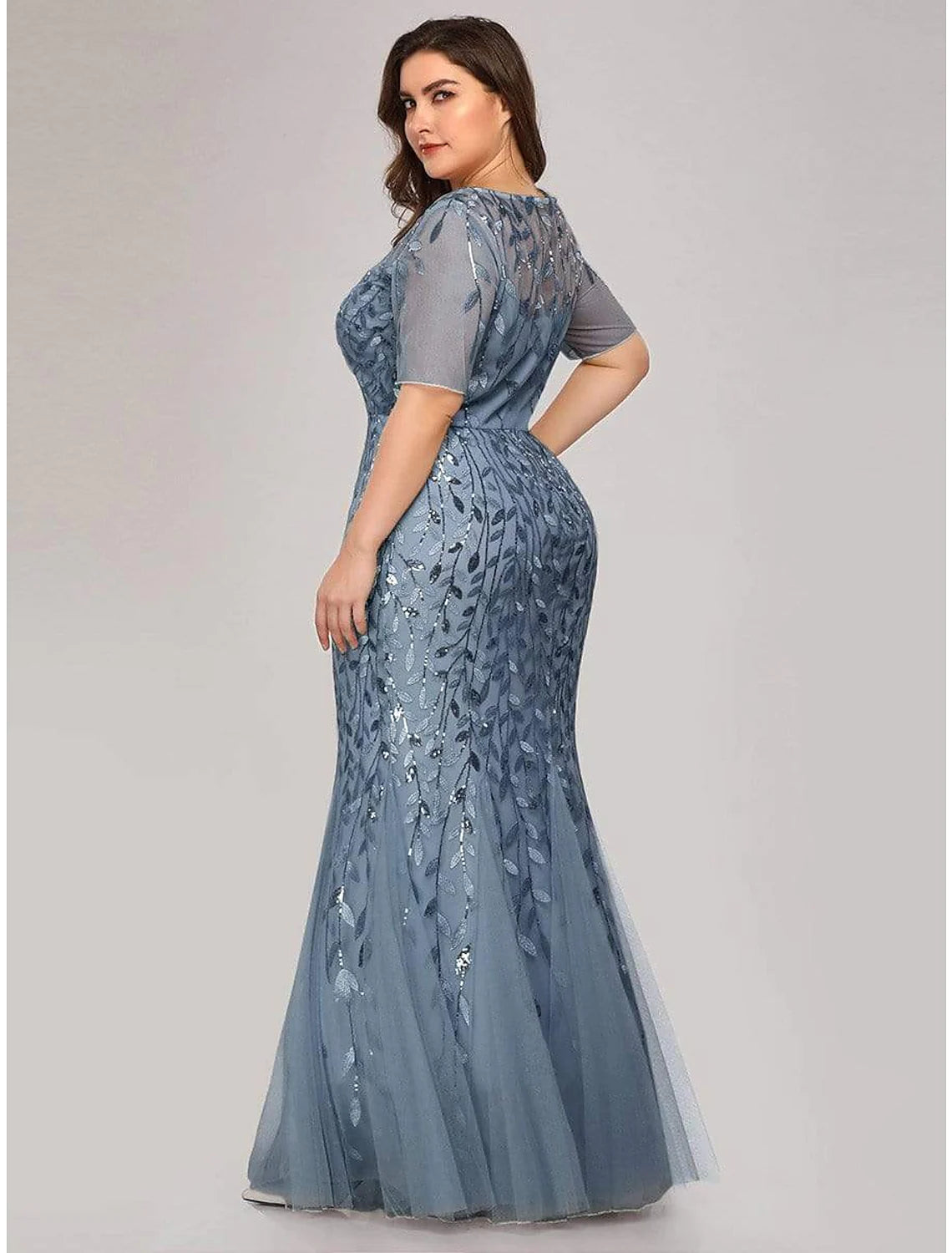 Elegant Party Wear Formal Evening Dress Short Sleeve Floor Length Tulle with Embroidery