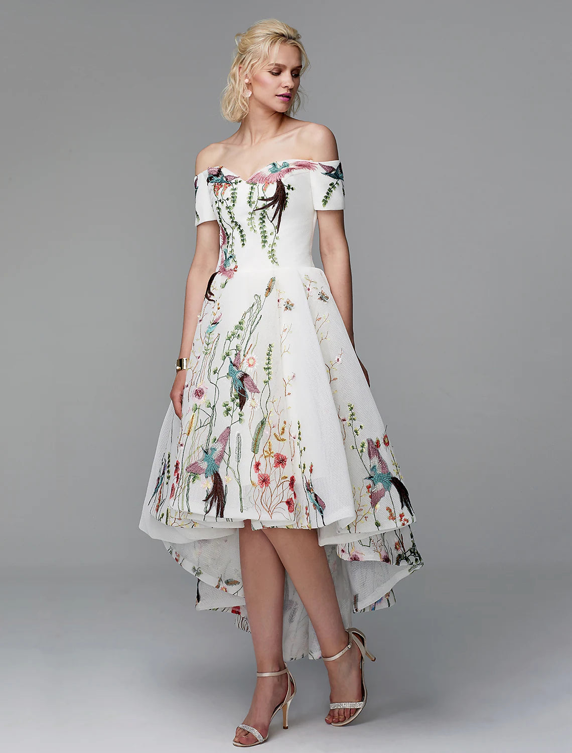 Dress Wedding Asymmetrical Short Sleeve Off Shoulder Polyester with Embroidery